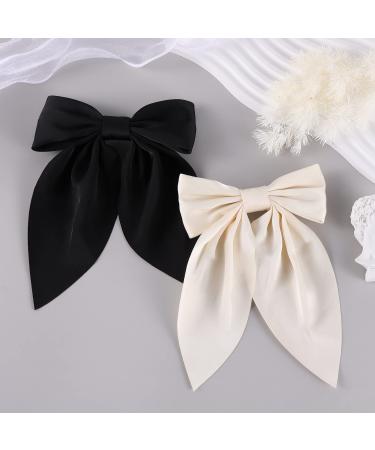 2PCS Soft Silk Bow Hair Clips for Women Girls, Cute Duckbill Bow Hair Clips, Back to School Outfit, Wedding Party Hair Accessories, Black and OffWhite