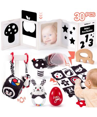 Hahaland Baby toys 0-6 months-30 TLG black and white contrast educational toys set Montessori sensors fabric book & stroller hanging toys brain development gift for 0 3 6 12 months