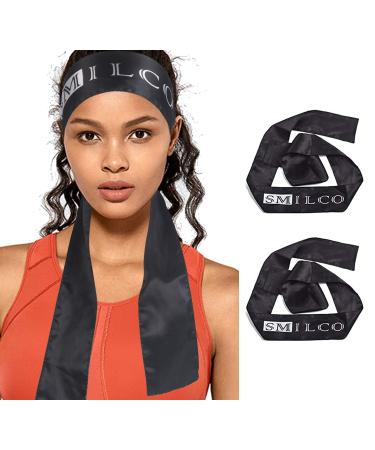 Smilco Black Satin Edge Laying Scarf Wrap for Hair Edge Wrap Wig Grip Band 58 X 3 Inches Edge Control Scarf for Women Lace Frontal Wigs Makeup Facial Sport Yoga (2 Pack Black)