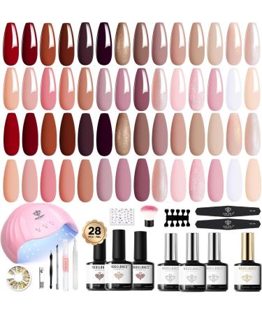Modelones Gel Nail Kit 28 Colors Nude Brown Pink Red Soak Off Gel Nail Polish Set with Lamp Starter Kit No Wipe Base & Top Coat Bond Primer Diy Nail Curing Gift For Women Red Pink