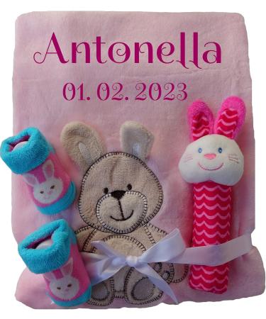 Wuff-Dogsworld Personalized Baby Blanket | Custom Name Embroidery & Gift Set - Baby Rattle or Socks for Baptism & Birth (Boy/Girl) - Buy Online on SooperMarket.com