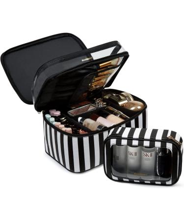 Large Makeup Bag BAGSMART Travel Cosmetic Case with Clear Toiletry Pouch | Double Layer Organizer with Adjustable Dividers | Portable Artist Storage Bag | Black & White Stripes - Buy Online on SooperMarket.com