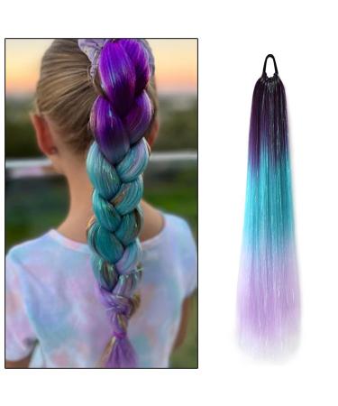 Rainbow Ponytail Hair Extensions 27.5 Inch 100g Coloured Hair Extensions for Braiding Coloured Glitter Straight Synthetic Hair Extensions for Women Girls Hair Accessories (Purple Blue Purple)