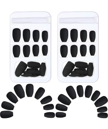 48 Pieces Matte False Nails Full Cover Coffin Fake Nails Artificial Nail Tips with 2 Pieces Nail Glue 2 Pieces Nail Files and Wooden Stick for Women Nail DIY Art Set (Black)