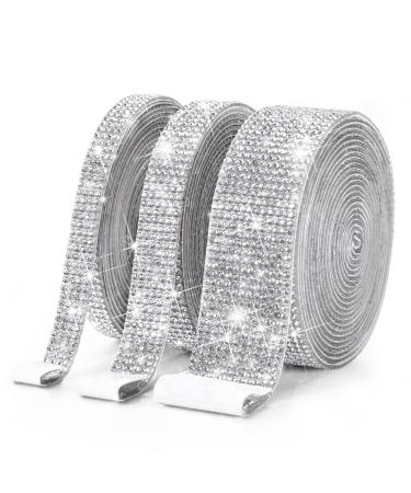 3 Rolls 9 Yards Self Adhesive Crystal Rhinestone Diamond Ribbon - Bling Diamond Stickers Wrap Roll DIY with 2 mm Rhinestones for Crafts Arts, Rhinestone Strips Tape for Car Phone Decoration(Silver)