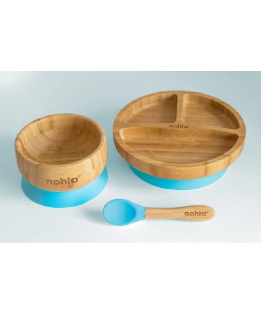 Nohla Bamboo Baby & Toddler Suction Plate Bowl Set with Silicone Spoon - Secure Grip on Smooth Surfaces - Eco-Friendly BPA-Free - Blue - Buy Online on SooperMarket.com
