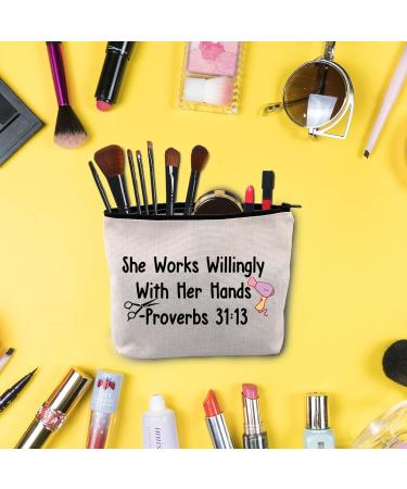 BLUPARK Hairdresser Cosmetic Bag Hair Stylist Gift She Works Willingly With Her Hands Proverbs 31:13 Inspirational Gift She Works Willingly-Hairdresser - Buy Online on SooperMarket.com