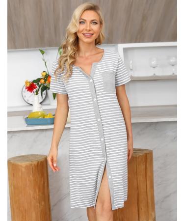 Marvmay Women's Cotton Nightgown - Short-Sleeved Button-Strip Sleep Shirt XXL Light Gray International Shipping Available - Buy Online on SooperMarket.com