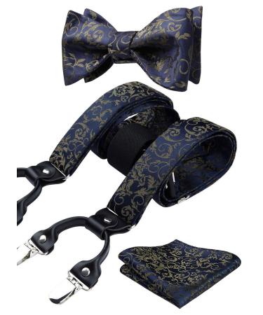 HISDERN suspenders for men wide bow tie pocket square set elastic and length adjustable in various designs blue