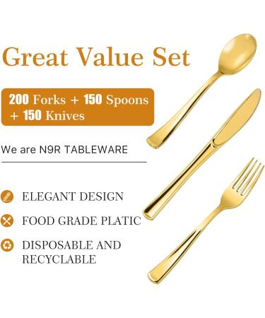 N9R 500PCS Gold Plastic Silverware Set - Disposable Gold Cutlery for Party, Wedding - 200 Forks, 150 Spoons, 150 Knives - Gold Utensils - 500 Pack - Buy Online on SooperMarket.com