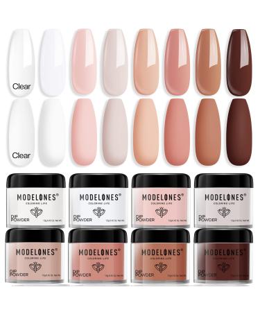 Modelones Dip Powder Nail Set Starter, 8 Colors Popular Nude Pink Clear Skin Tone Neutral Dipping Powder Nail Kit French Nail Art kit Manicure DIY Salon Home Gifts for Women, No Need Nail Lamp Cured