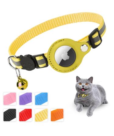 Mouyou Airtag cat neck band Airtag collar cat soft nylon reflective with bell and safety clasp tracking cats collar with holder airtag case adjustable from 22-34cm yellow