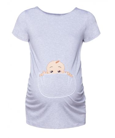 HAPPY MAMA. Women's Maternity Baby in Pocket Print T-Shirt Top Tee Shirt. 501p 8-10 Light Grey Melange