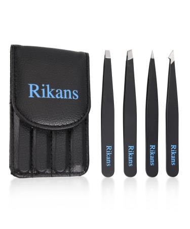 Rikans Precision Tweezers Set Pack of 4 Black Professional Tweezers Handy Carry Pouch Superior Stainless Steel Tweezer Set Splinters Eyebrows Facial or Ingrown Hair Blackheads Remover