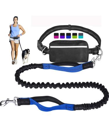 Hands Free Dog Lead for Running Walking Training Hiking Dual-Handle Shock Absorbing Reflective Bungee Adjustable Waist Belt and Pouch Ideal for Medium to Large Dogs Blue