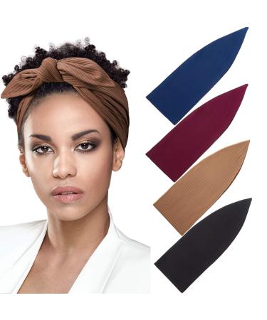 4 Pieces Ribbed Headband Ribbed Stretch Bandie Stretchy Hairband Soft Head Wrap Turban Headband Boho Hair Band for Women Girls Hair Accessories, 4 Colors (Black, Red, Sapphire Blue, Brown)