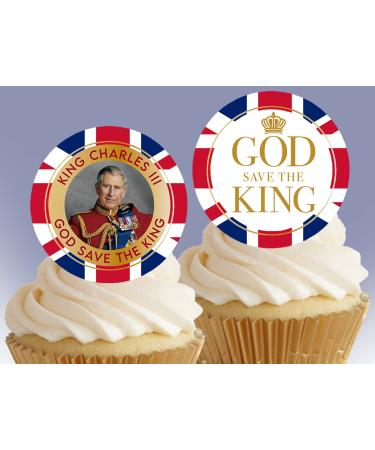 24 x Pre-Cut Stand up God Save The King Edible Wafer/Rice Paper Cupcake Cake Dessert Toppers King Charles III Royal Party Union Jack Coronation Birthday Decorations