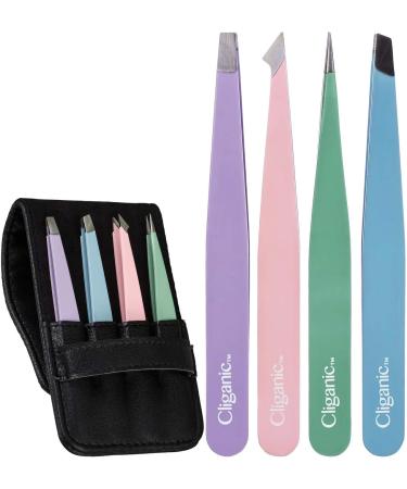 Tweezers Set Professional 4-piece | Stainless steel precision tip for eyebrows | Men and women cosmetics | Cliganic Guarantee Multi-colored
