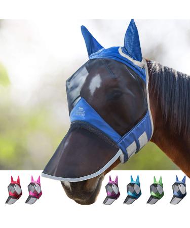 Harrison Howard Caremaster Pro Luminous Horse Fly Mask Large Eye Space Long Nose with Ears UV Protection for Horse L (1 SPACK) Voodoo Blue