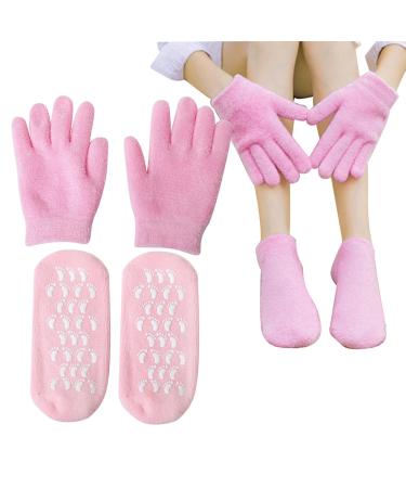 2 pairs of moisturizing gel socks with gel gloves for repair softening cracked feet reusable footlick remove socks for cornea women spa foot care (pink)