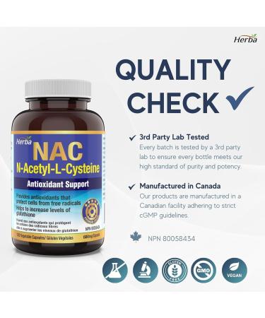 Herba NAC Supplement 600mg 120 Vegetable Capsules | N-Acetyl-L-Cysteine | NAC Supplement 600 mg for Antioxidant | Premium & Pure | Made in Canada | 120 Capsules - Buy Online on SooperMarket.com