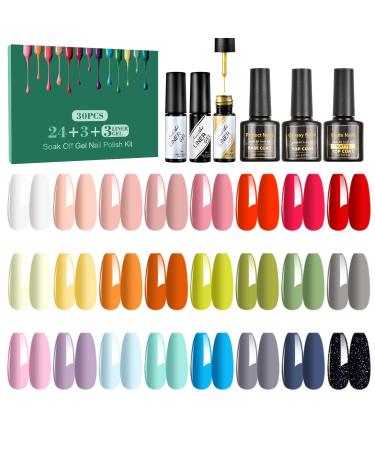 ERARROW 30 Pcs Gel Nail Polish Set Nail Polish 24 Colors Popular Nail Art Colors UV LED Soak Off Nail Gel Kit with Glossy & Matte Top Coat Base Coat and Painted Gel