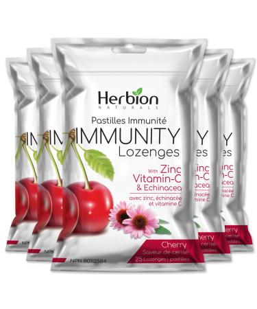Herbion Naturals Immunity Lozenges - Zinc Vitamin-C & Echinacea - 5 Packs 25ct Each - Delicious Cherry Flavor - For Adults & Kids 6+