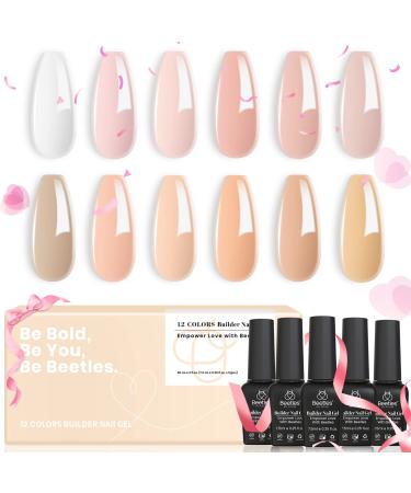 Beetles Gel Nail Polish 12 Colors Builder Nail Gel Set 5 in 1 Clear Pink Nude Translucent Builder Extension Gel Strengthener Gel Cover Gel Jelly Gel Neutral Hard Gel LED Nail Gel Nude 12