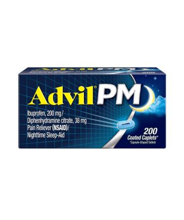 Advil PM Pain Reliever/Nighttime Sleep Aid, Ibuprofen and Diphenhydramine (1 Pack ,200 Coated Caplets) 200 Count (Pack of 1)