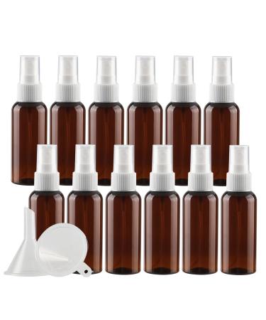TIANZD 12 Pieces Empty 50 ml Brown PET Plastic Fine Mist Pump Spray Bottles with White Top Portable Sprayer for Perfume Water Cosmetic Travel Containers Refillable 2x Funnel