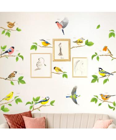 DECOWALL DS-8061 Wall Sticker with Colored Birds Branches Peel and Stick Removable Nursery Bedroom Living Room Tree Leaf Decoration Home Decor Animal