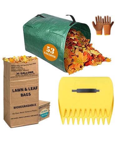 10 Count 30 Gallon Lawn and Leaf Bags with Leaf Scoops & 53 GAL Large Yard Dustpan-Type Garden Bag, 2-Ply Heavy Duty Kraft Paper Bags, Tear Resistant Yard Waste Bag for Grass Clippings, Wet Dry Leaves
