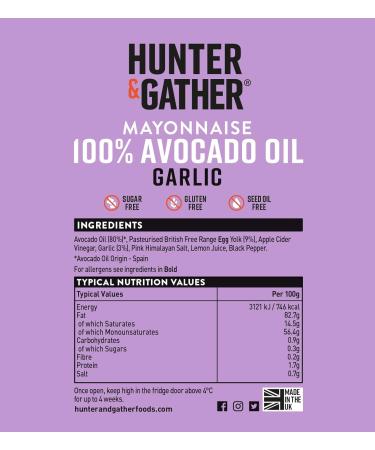 Garlic Avocado Oil Mayonnaise 175g | Hunter & Gather Avocado Mayo with Free Range Egg Yolk | Paleo Keto Sugar Gluten Free | Lemon Zest & Black Pepper | Pack of 1 - Buy Online on SooperMarket.com