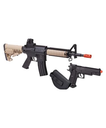 GAME FACE GFR37PKT Warrior Protection Spring-Powered Single-Shot Airsoft Rifle And Pistol Kit With Black Pistol Holster And Ammo, Earth/Black