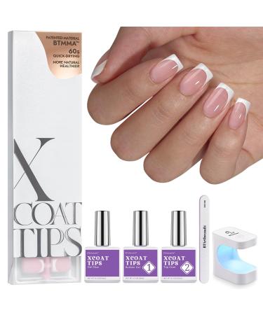BTArtboxnails XCOATTIPS Gel Nail Kit - Short Squre French Tip Press on Nails Kit Pink Soft Gel Nail Tips with Nail Gel French Protecing Duo and Nail Lamp UTZ-Short Square