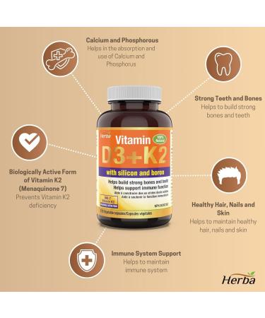 Herba K2 D3 Vitamin Supplement with Boron and Silica 120 Capsules | Vitamin D3 K2 with Boron Supplement for Men and Women | Vitamin K2 MK-7 and Vitamin D3 1000 IU | Helps Build Strong Bones and Teeth - Buy Online on SooperMarket.com
