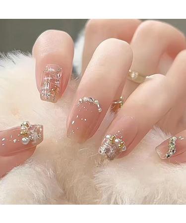 Hkanlre Press on Nails Fake Nails False Nails for Women and Girls 240308 (Nude Lattice)