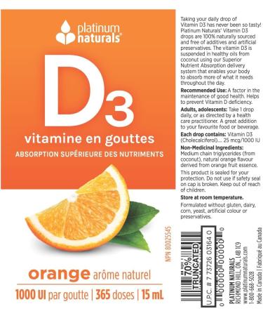 Platinum Naturals D3 Drops for Adults - Orange Flavored 15ml - High Potency Liquid Vitamin D Supplement 1000 IU per Drop - Supports Overall Wellness - Easy-to-Use Dropper - Buy Online on SooperMarket.com
