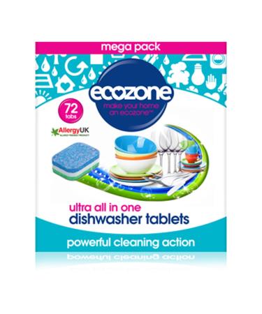 Ecozone Ultra All-In-One Dishwasher Tablets Effective Cleaning Formula Cuts Through Grease & Grime Natural Vegan & Non Toxic Tabs Plant Based Plastic-Free Leaves No Residue (Box of 72 Capsules) Ultra Dishwasher Tablets