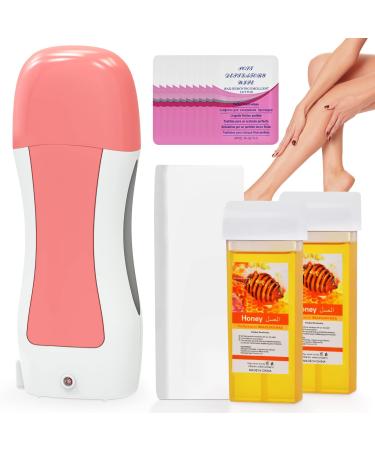 Roll On Wax Kit for Hair Removal  Honey Wax Roller Waxing Kit for Sensitive Skin at Home  Depilatory Soft Wax Warmer with 2 Cartridge Refill 10 Wax-removing wipes and 100pcs Wax Strips(Pink)
