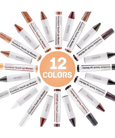 DEWEL Wood Furniture Markers & Filler Sticks Repair Kit New Improved 12 Colors Touch Up Markers and Crayons - Covering Damaged Wooden Surfaces and Floors for Pets Scratches Stains Cracks and Dents Black Gray Maple Oak Cherry Walnut Mahogany White Chestnut