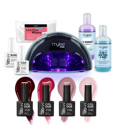 Mylee Complete Professional Gel Nail Polish LED Lamp Kit 4x MYGEL Colours Top & Base Coat Mylee PRO Salon Series Convex Curing LED Lamp Prep & Wipe Gel Remover (Black Lamp)