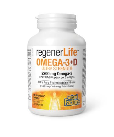 Natural Factors Regenerlife Omega-3+D Ultra Strength 90 Enteripure Softgels High-potency Omega-3 with Vitamin D3 for Immune Cardio and Cognitive Support