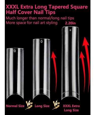 240Pcs XXXL Clear No C Curve Acrylic Nail Tips - Extra Long Tapered Square Straight Half Cover French Nail Extension False Nails for Manicure Nail Art - 12 Sizes - Buy Online on SooperMarket.com