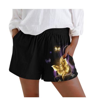 Gufesf Women's Shorts for Summer, Womens Lightweight Shorts Linen Comfy Elastic High Waist Casual Shorts with Pockets W1-gold Medium
