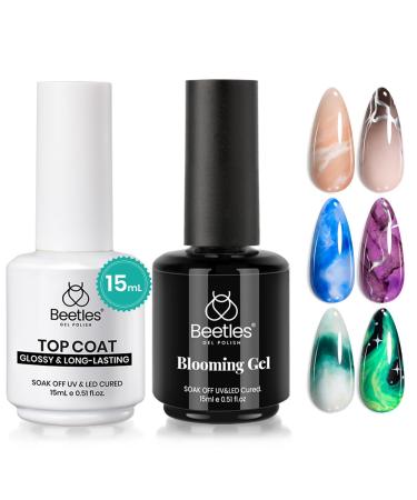 Beetles Nail Blooming Gel and Top Coat No Wipe Gel Nail Polish Set 2 Pcs 15ml Upgrade Super Shiny for Spreading Effect Marble Natural Stone Watercolor Floral Print Soak Uv Lamp off Nail Gel Blooming Gel and Top Coat 1 Fl Oz (Pack of 1)