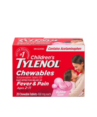 Tylenol Children's Chewables Fever and Pain Relief Bubble Gum Flavour 160 mg Acetaminophen 20 Tablets Toothache Pain Relief 20 Count (Pack of 1) Bubble Gum