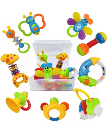 9pcs Baby First Rattle Teether Toy Gift Set with Storage Box for Infant Newborn Baby Boy 0 3 6 9 12 18Month Blue