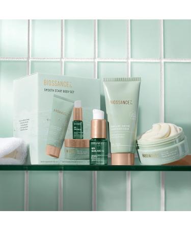 Biossance Smooth Start Body Travel Set: Squalane + Enzyme Sugar Scrub, Caffeine Toning Cream, & 100% Squalane Oil for Exfoliation and Hydration - Buy Online on SooperMarket.com