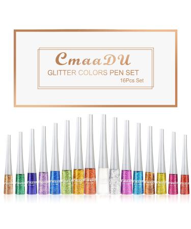 FREEORR 16 Colors Glitter Eyeliner  Liquid Eye Liner Metallic Shimmer Eyeshadow  Glitter Eyeliner Collection Waterproof High Pigmented Sparkling Silver Colored Eyeliner Kit for Party Festival Makeup A-16pcs